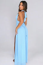 Women’s halter maxi dress in light blue with tie shoulder detail and side slit