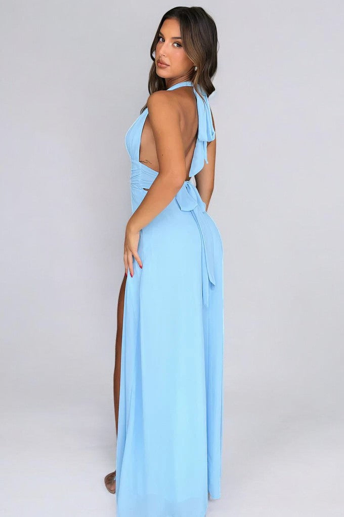 Women’s halter maxi dress in light blue with tie shoulder detail and side slit