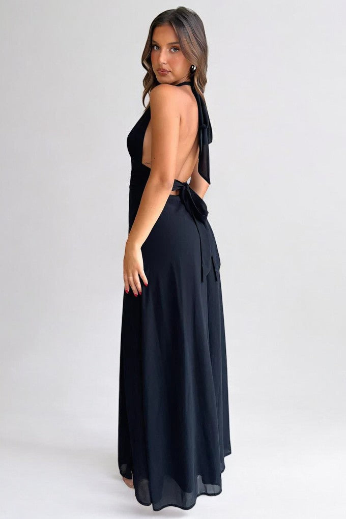 Women’s halter maxi dress in dark navy with open back and high side slit