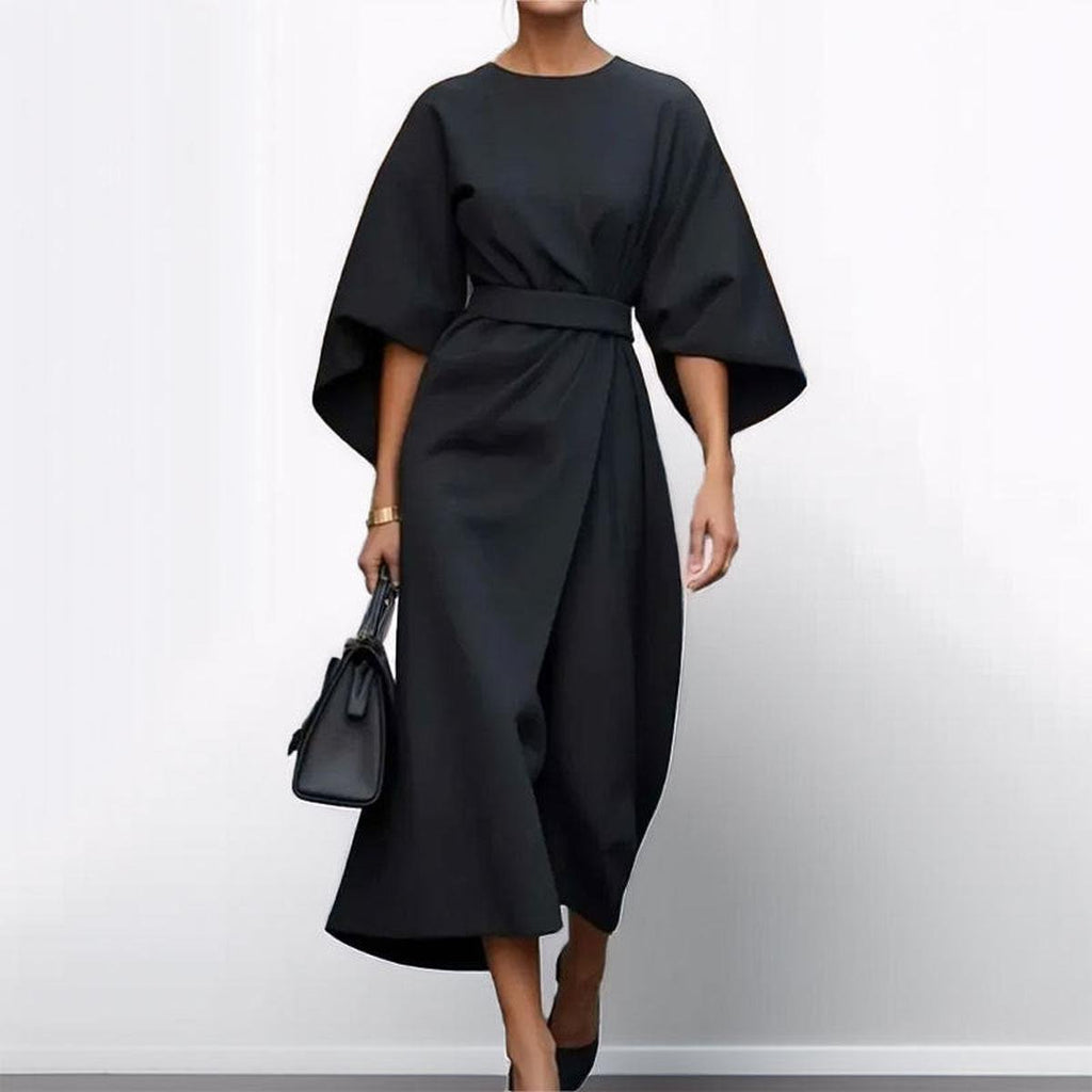 Black satin kimono sleeve wrap midi dress with waist belt