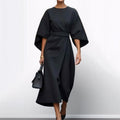 Black satin kimono sleeve wrap midi dress with waist belt