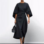 Black satin kimono sleeve wrap midi dress with waist belt