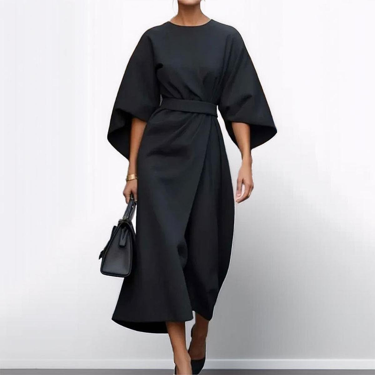 Black satin kimono sleeve wrap midi dress with waist belt