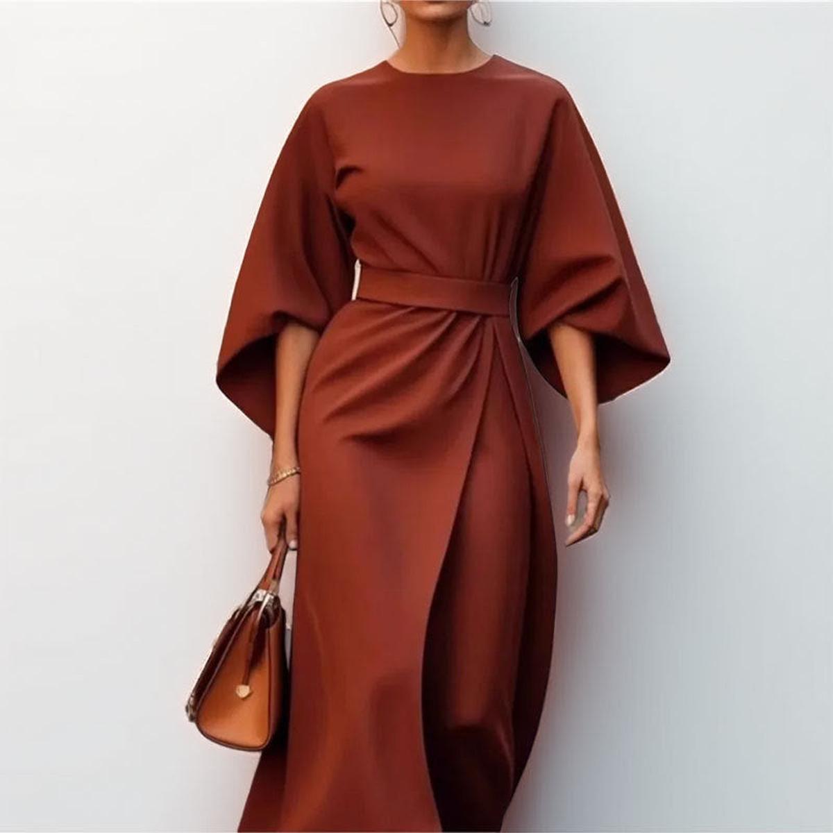 Bordeaux red satin kimono sleeve wrap midi dress with waist belt