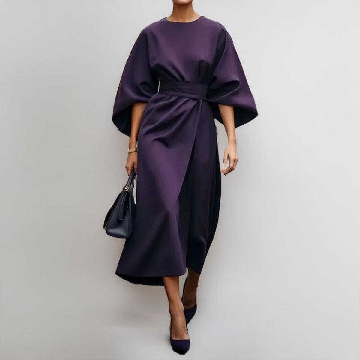 Purple satin kimono sleeve wrap midi dress with waist belt