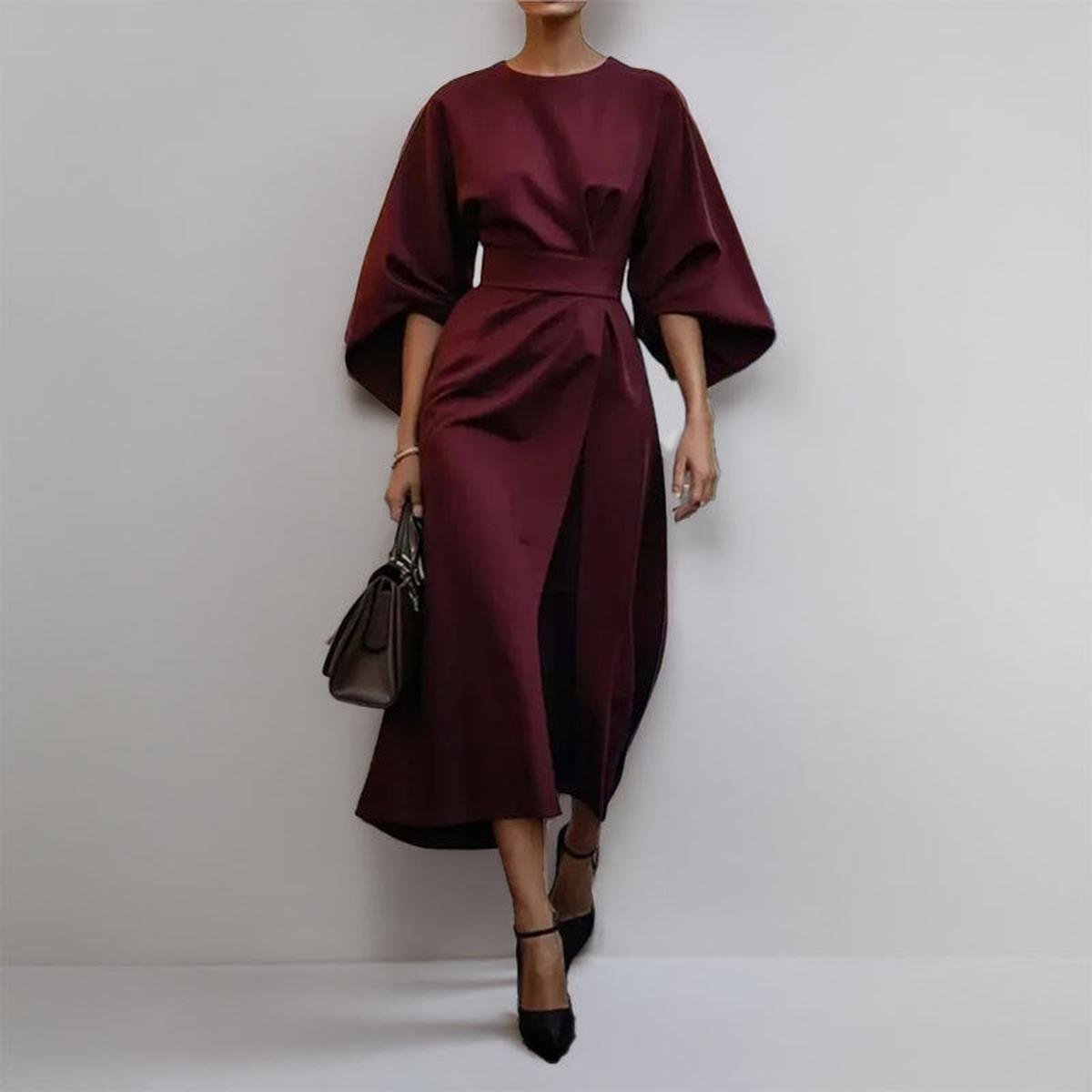 Burgundy satin kimono sleeve wrap midi dress with waist belt