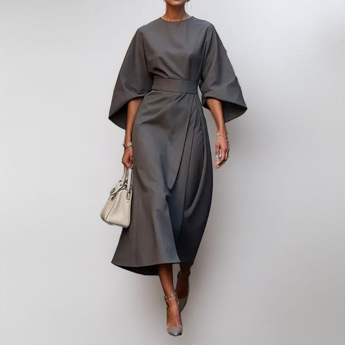 Gray satin kimono sleeve wrap midi dress with waist belt