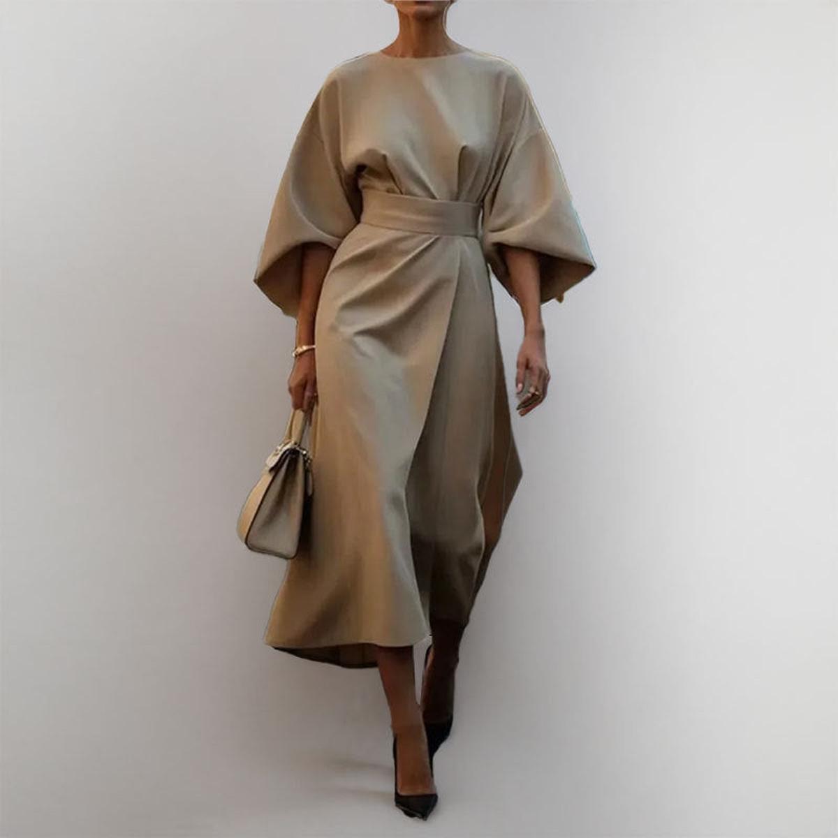 Khaki satin kimono sleeve wrap midi dress with waist belt