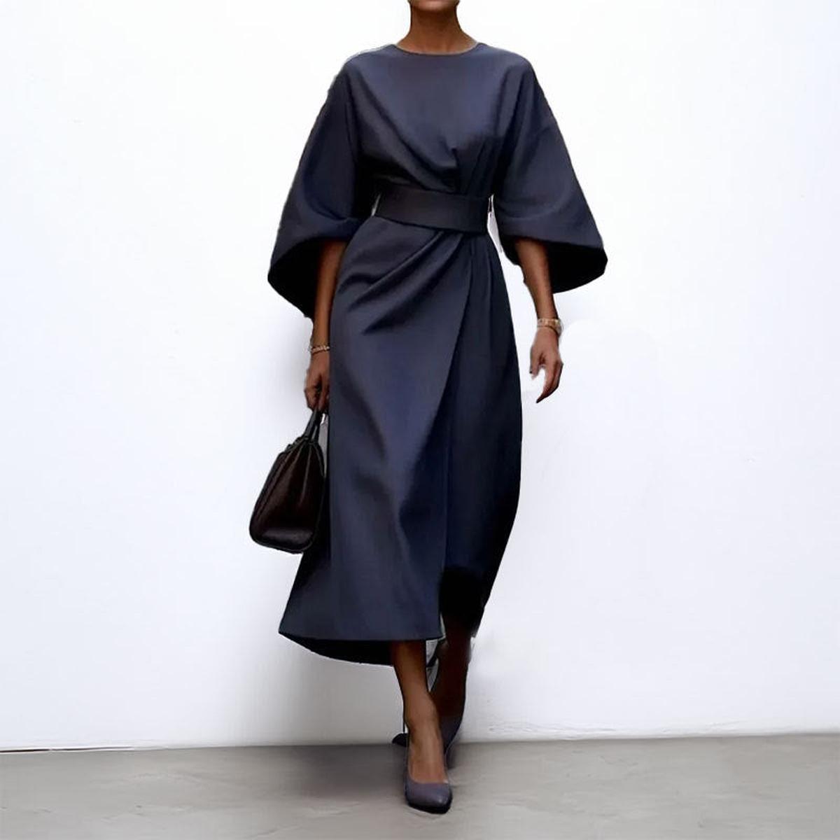 Navy satin kimono sleeve wrap midi dress with waist belt