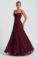 Burgundy lace maxi dress with square neckline, sleeveless fitted bodice and full skirt