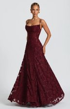 Burgundy lace maxi dress with square neckline, sleeveless fitted bodice and full skirt