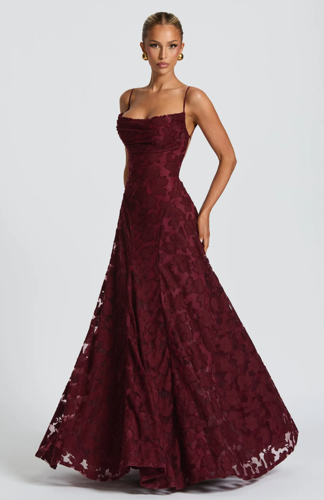 Burgundy lace maxi dress with square neckline, sleeveless fitted bodice and full skirt