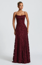 Burgundy lace maxi dress, sleeveless with straight neckline and textured lace full skirt