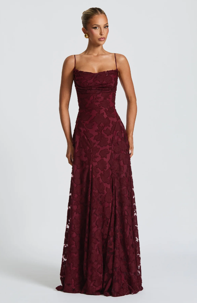 Burgundy lace maxi dress, sleeveless with straight neckline and textured lace full skirt