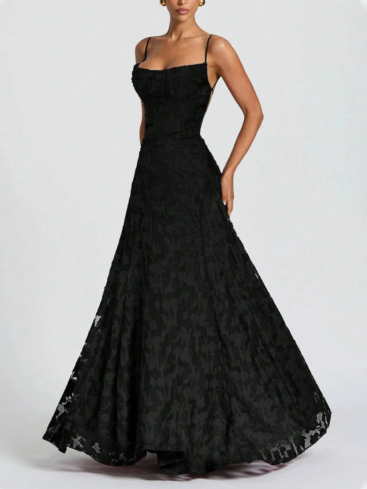 Black lace maxi dress, sleeveless with sweetheart neckline and fitted bodice