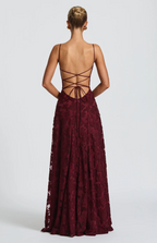 Burgundy lace maxi dress with crisscross open back straps and full lace skirt