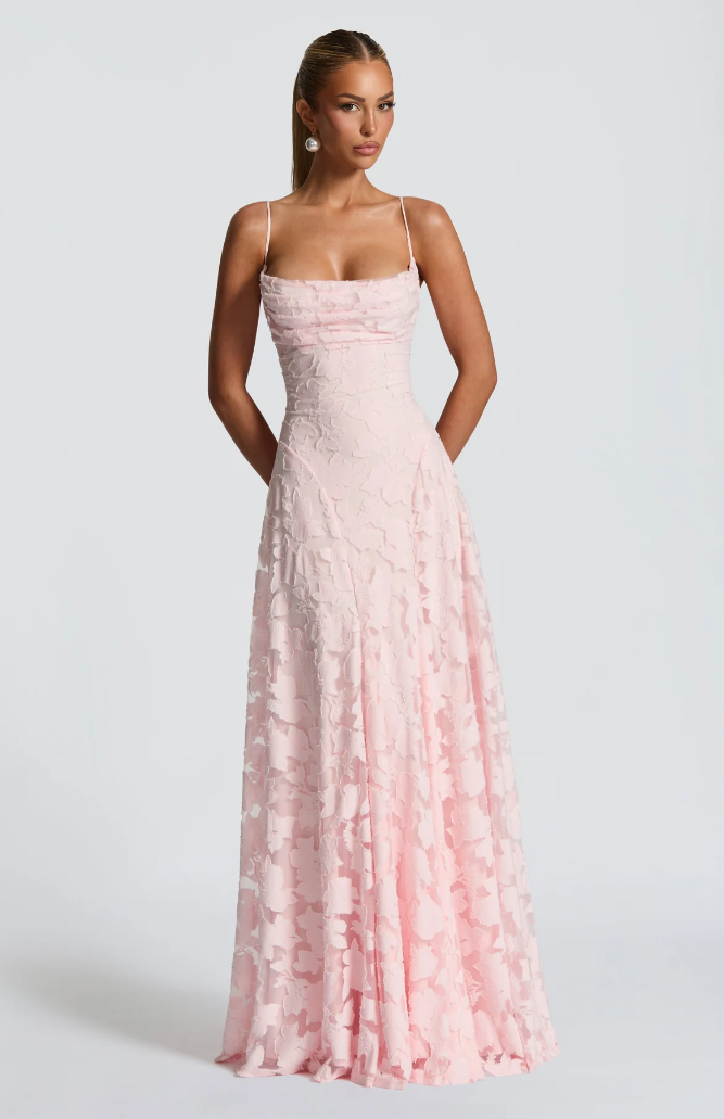 Pink lace maxi dress with square neckline, sleeveless bodice and flowing lace skirt