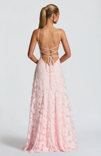 Pink lace maxi dress with crisscross open back straps and full textured lace skirt