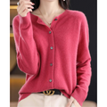 Hot pink women's merino cashmere cardigan, button-up O-neck knit sweater, long sleeves