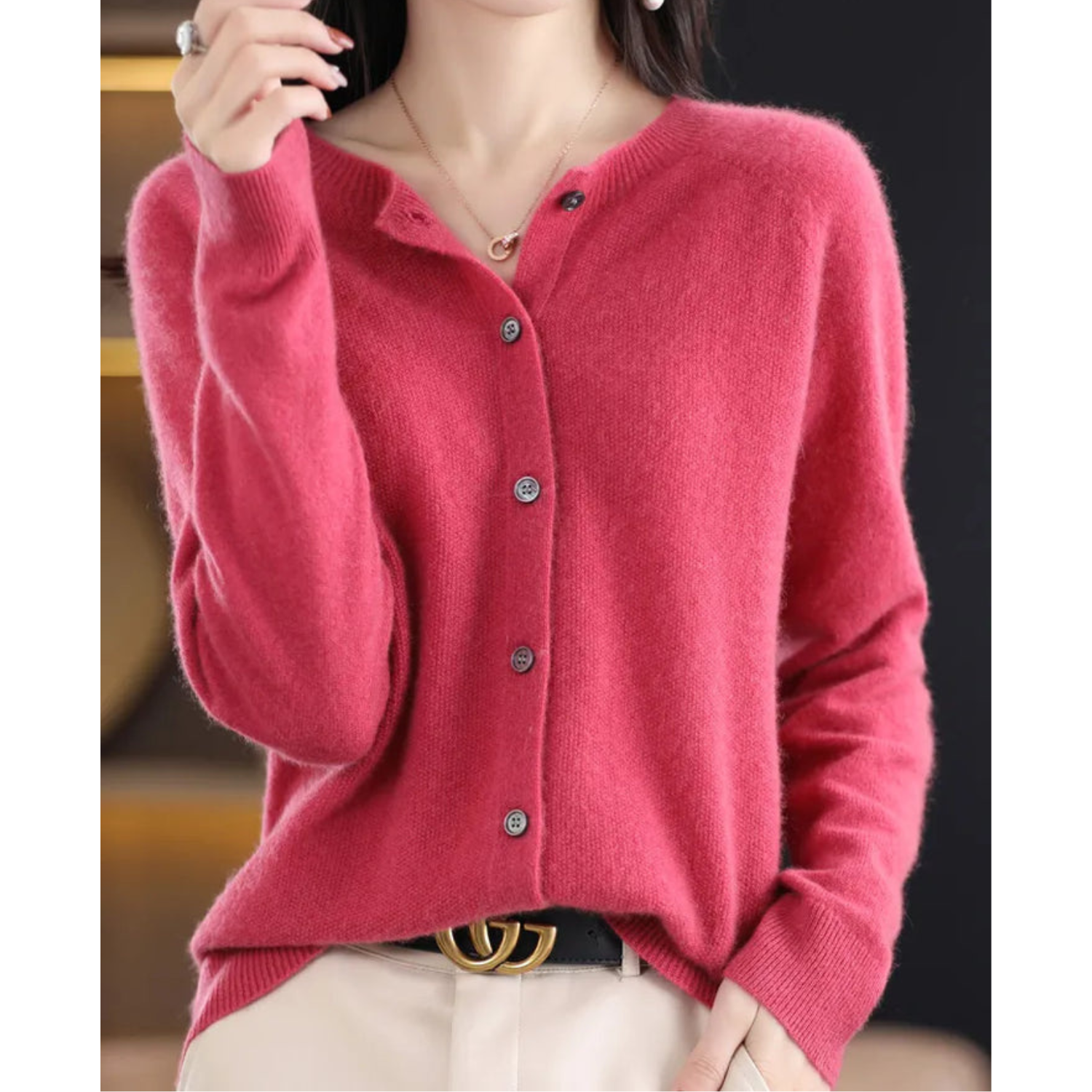 Hot pink women's merino cashmere cardigan, button-up O-neck knit sweater, long sleeves