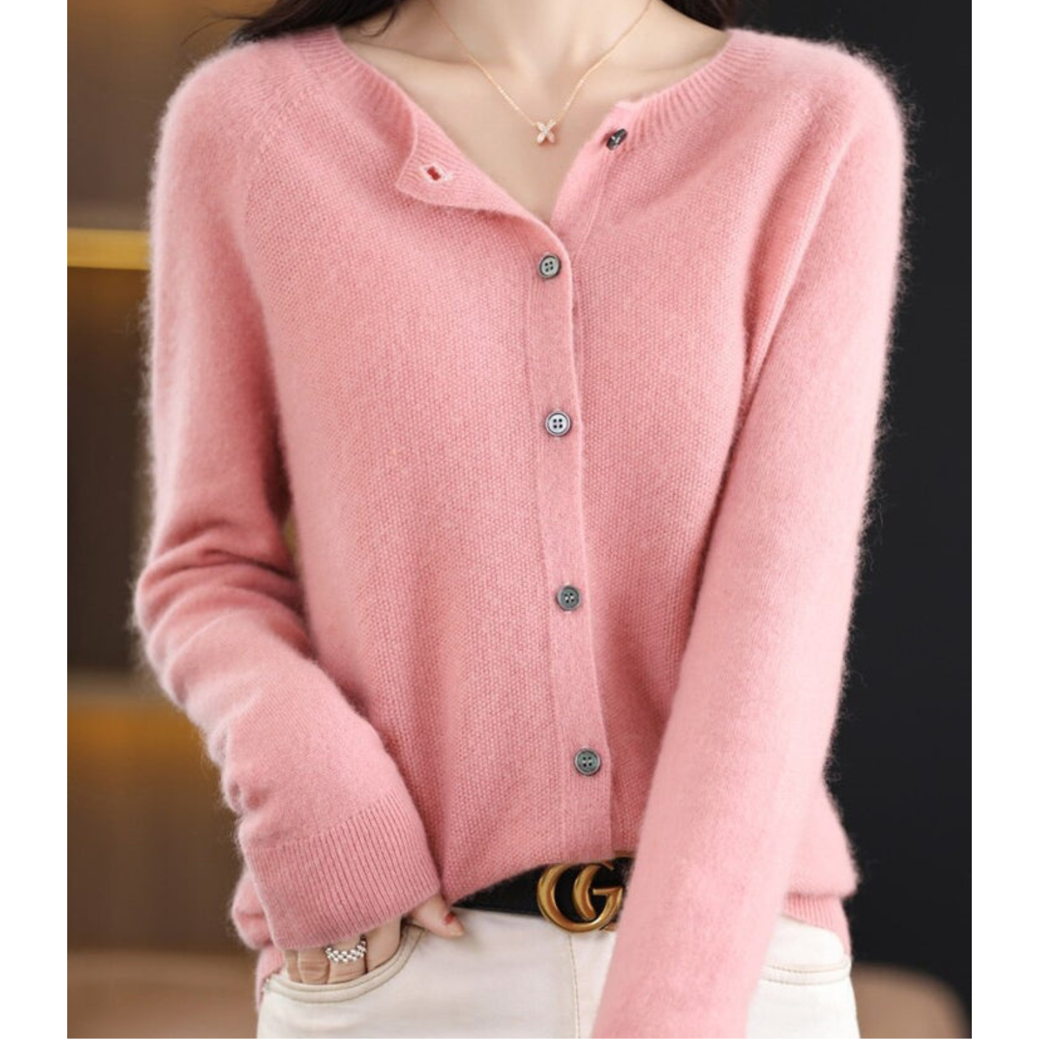 Light pink women's merino cashmere cardigan, button-up O-neck knit sweater, long sleeves