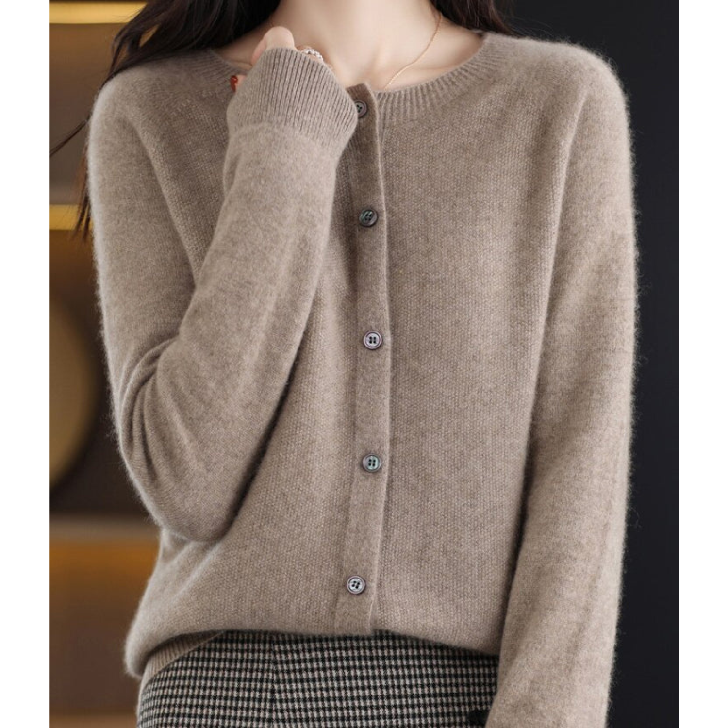 Women’s knit cardigan, taupe beige button-front with round neck and long sleeves