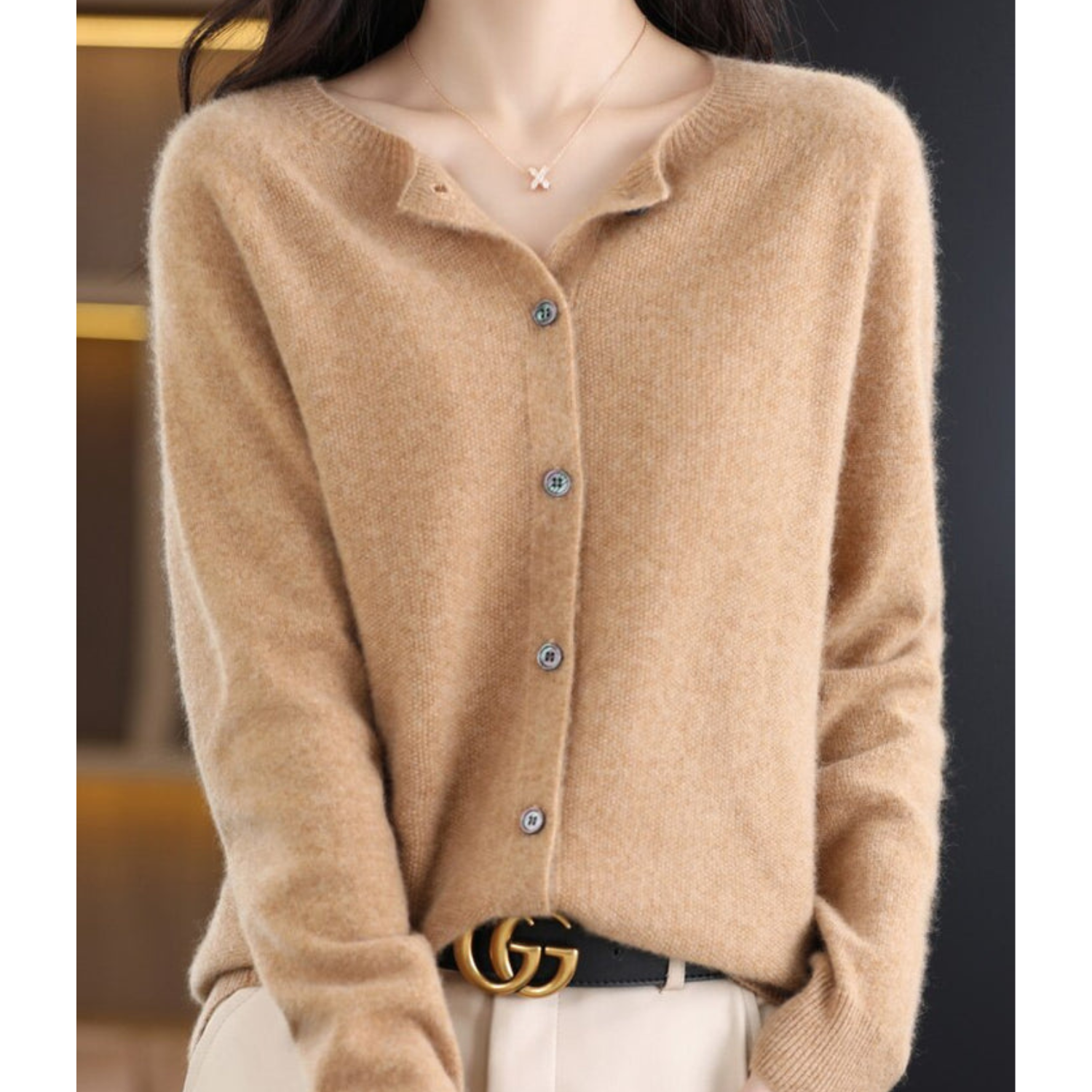 Women’s knit cardigan, camel tan button-front with round neck and long sleeves