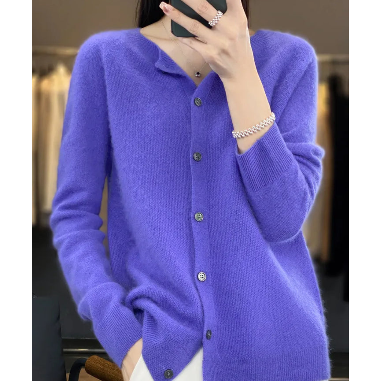Dark blue women's merino cashmere cardigan, button-up O-neck knit sweater, long sleeves