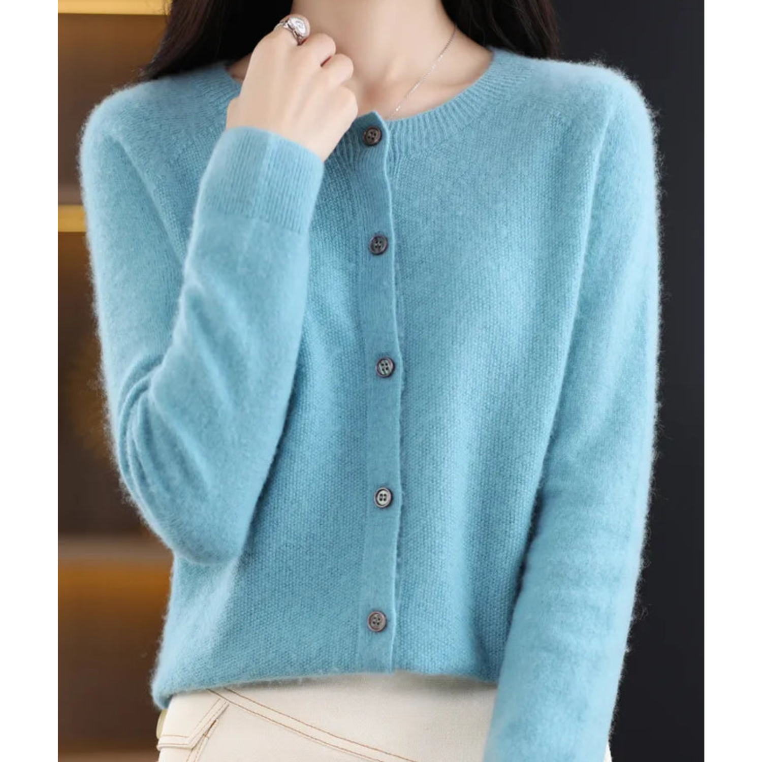 Light blue women's merino cashmere cardigan, button-up O-neck knit sweater, long sleeves