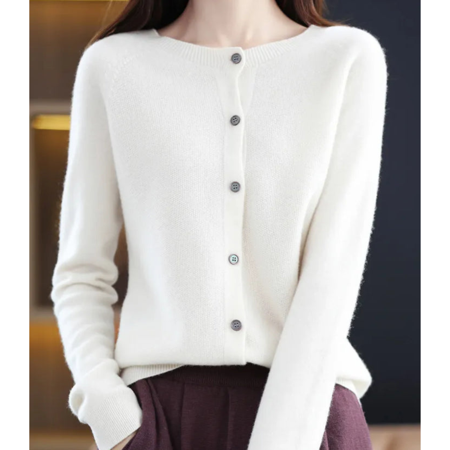 White women's merino cashmere cardigan, button-up O-neck knit sweater, long sleeves