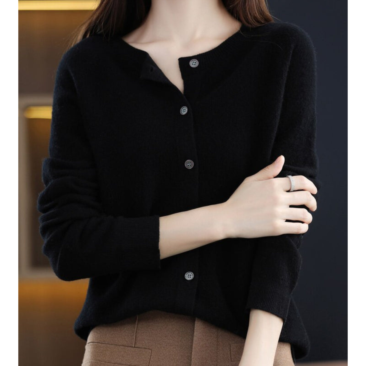 Black women's merino cashmere cardigan, button-up O-neck knit sweater, long sleeves