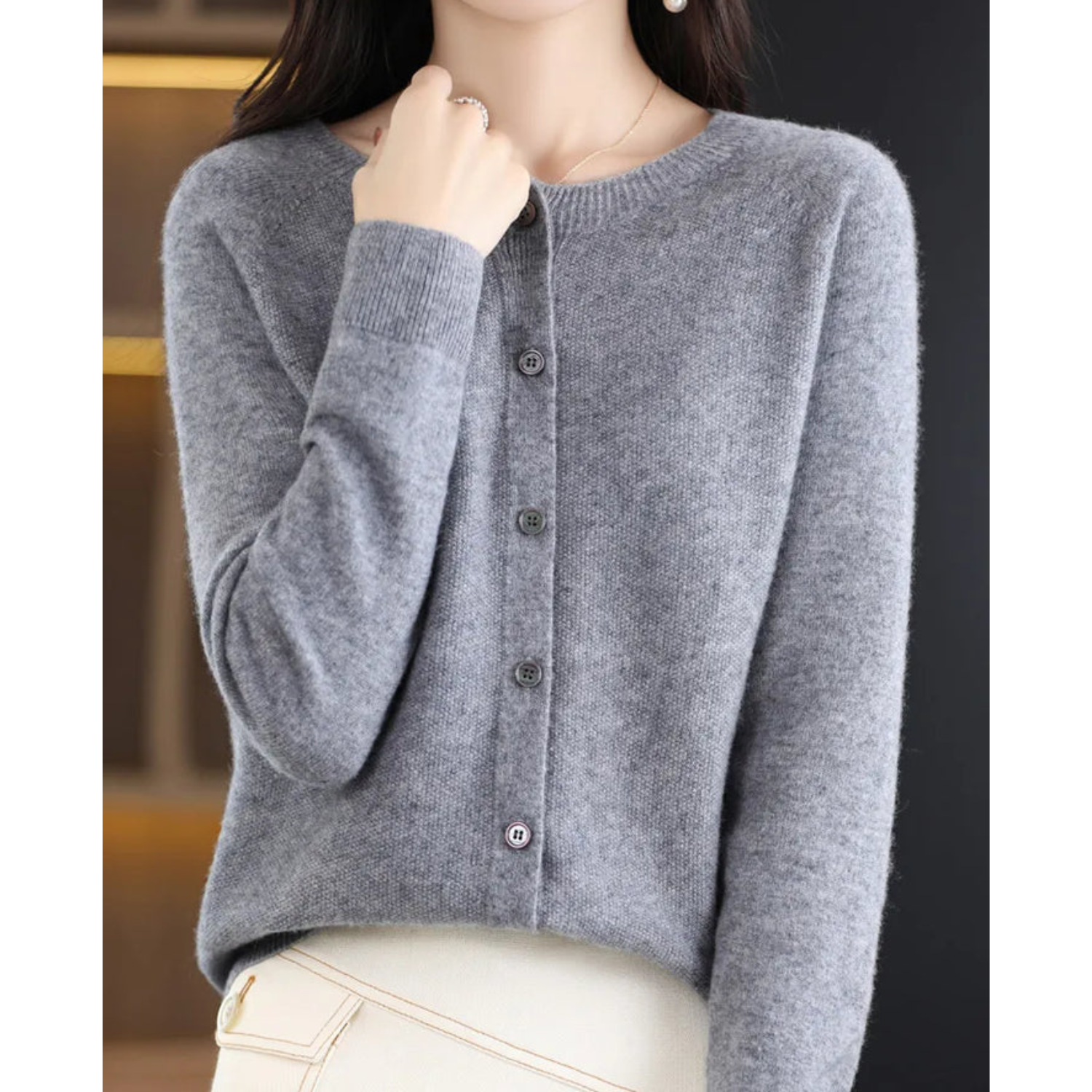 Grey women's merino cashmere cardigan, button-up O-neck knit sweater, long sleeves