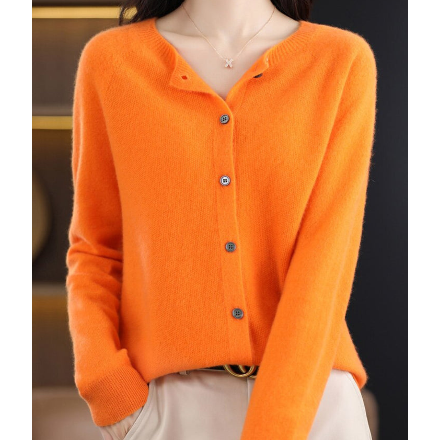 Orange women's merino cashmere cardigan, button-up O-neck knit sweater, long sleeves