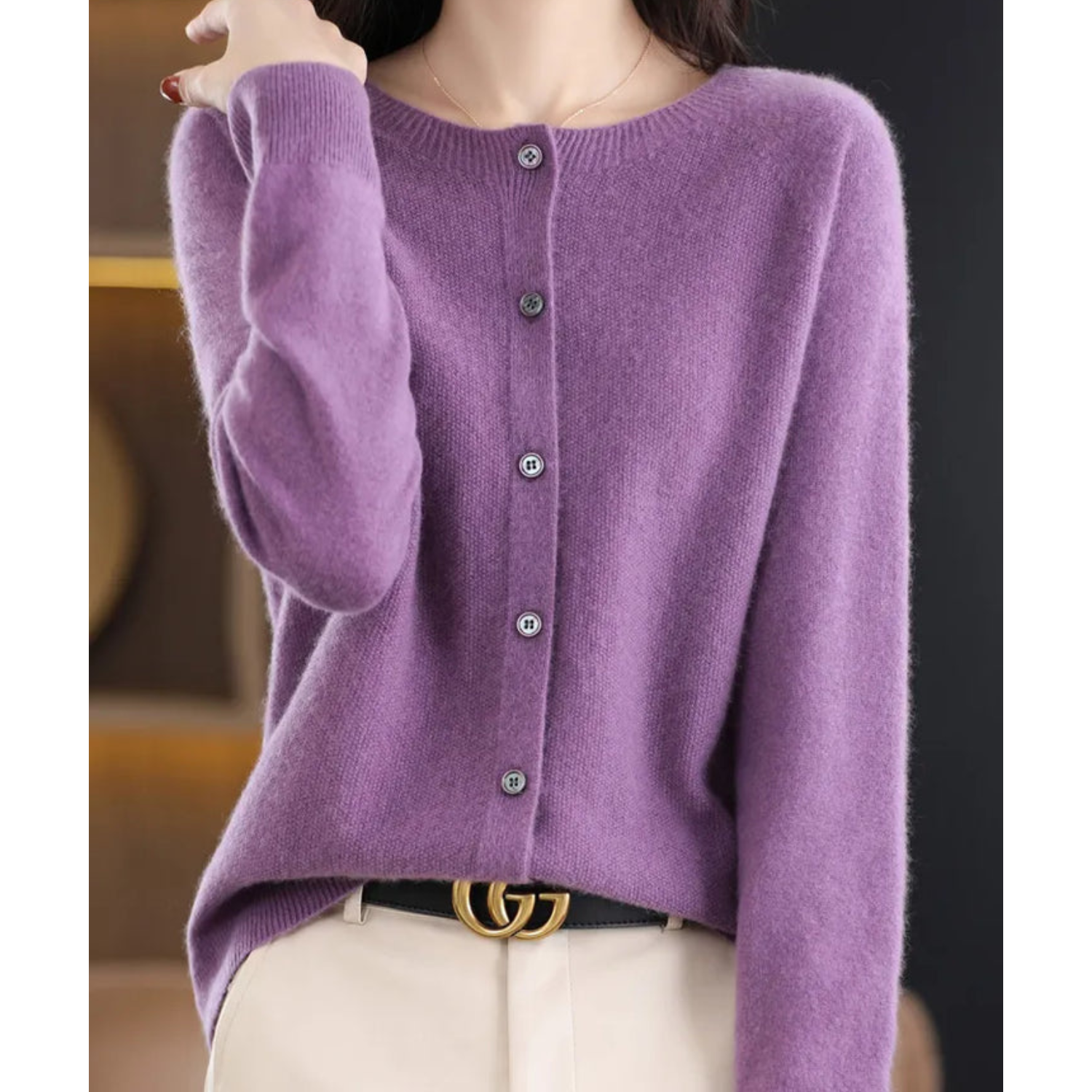 Purple women's merino cashmere cardigan, button-up O-neck knit sweater, long sleeves