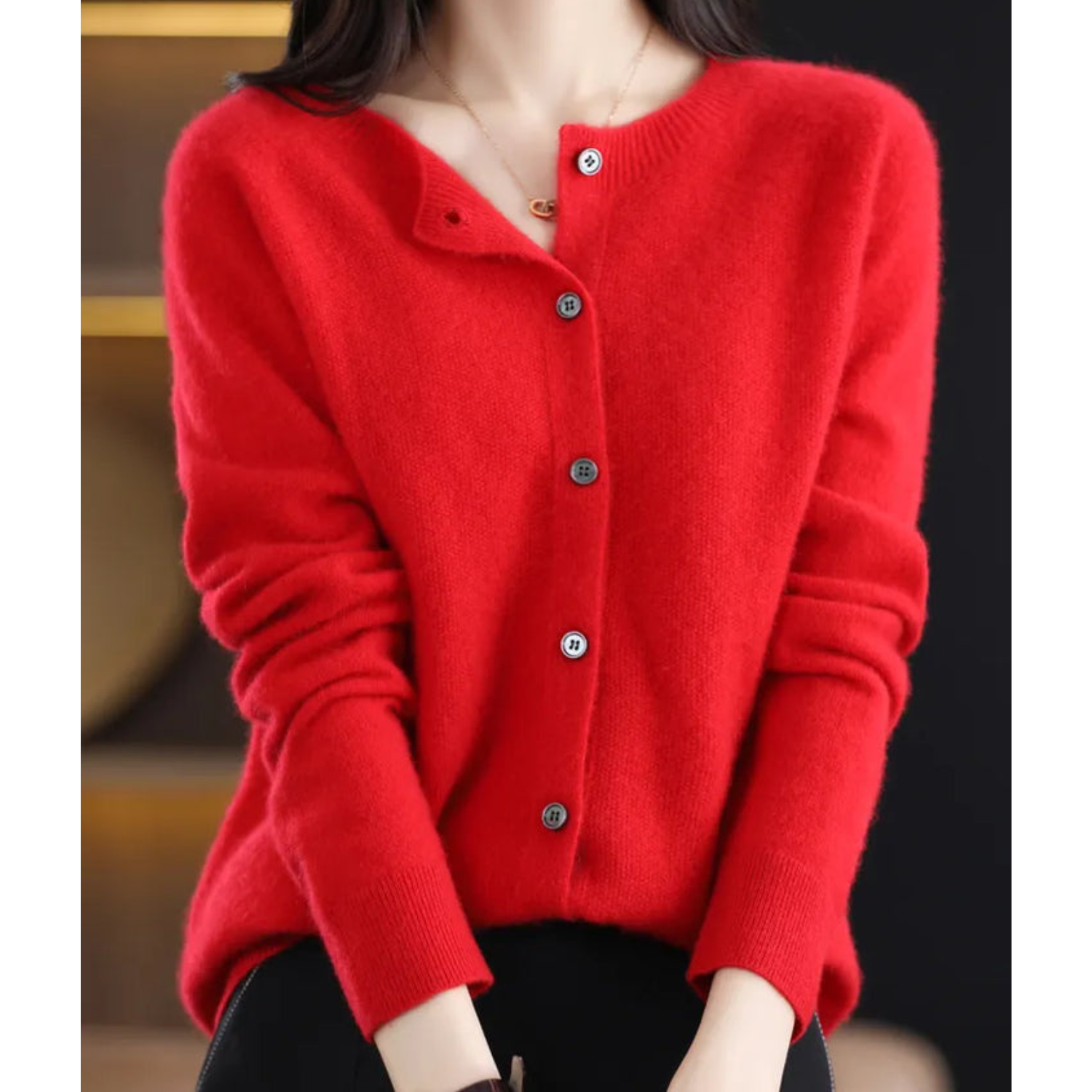 Red women's merino cashmere cardigan, button-up O-neck knit sweater, long sleeves