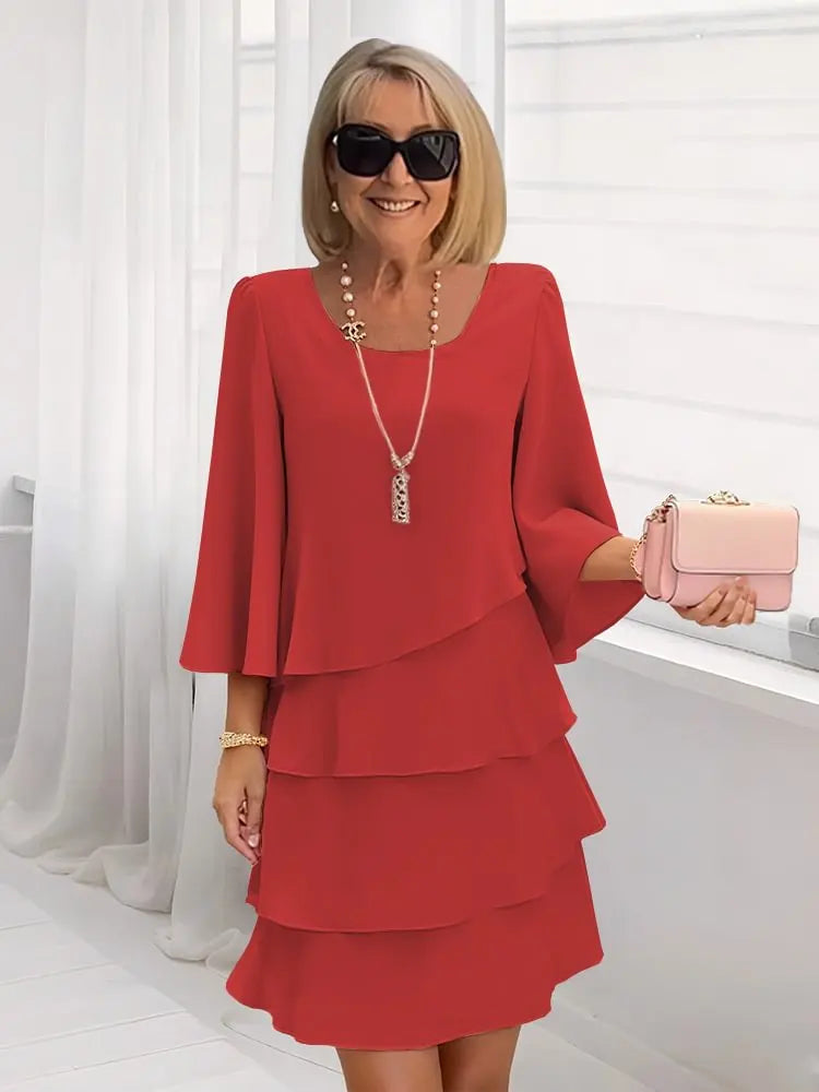Women's red ruffle A-line midi dress with layered tiers and three-quarter bell sleeves