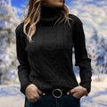 Women’s fitted black turtleneck sweater, long sleeves, cable-knit texture