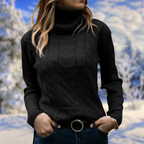 Women’s fitted black turtleneck sweater, long sleeves, cable-knit texture