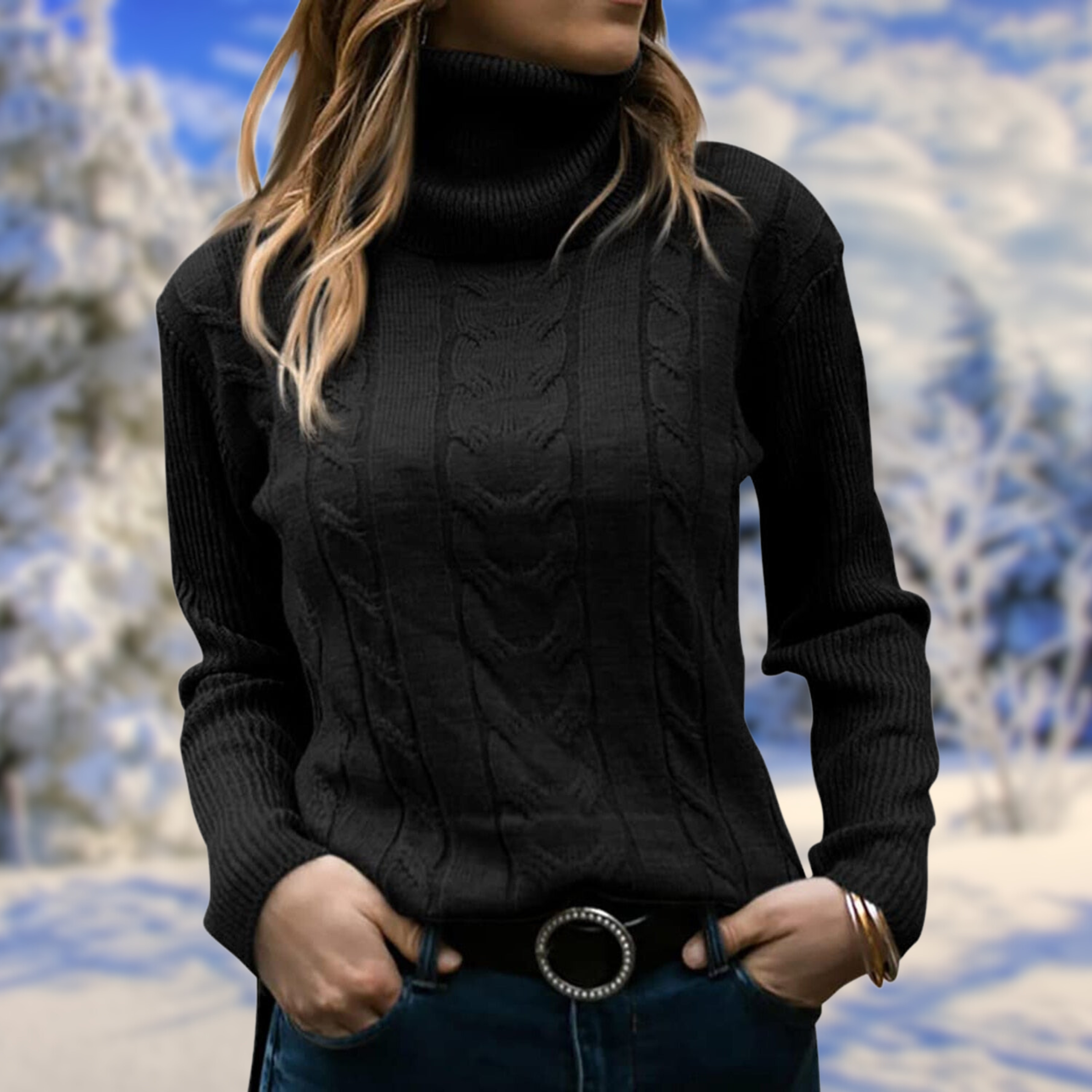 Women’s fitted black turtleneck sweater, long sleeves, cable-knit texture