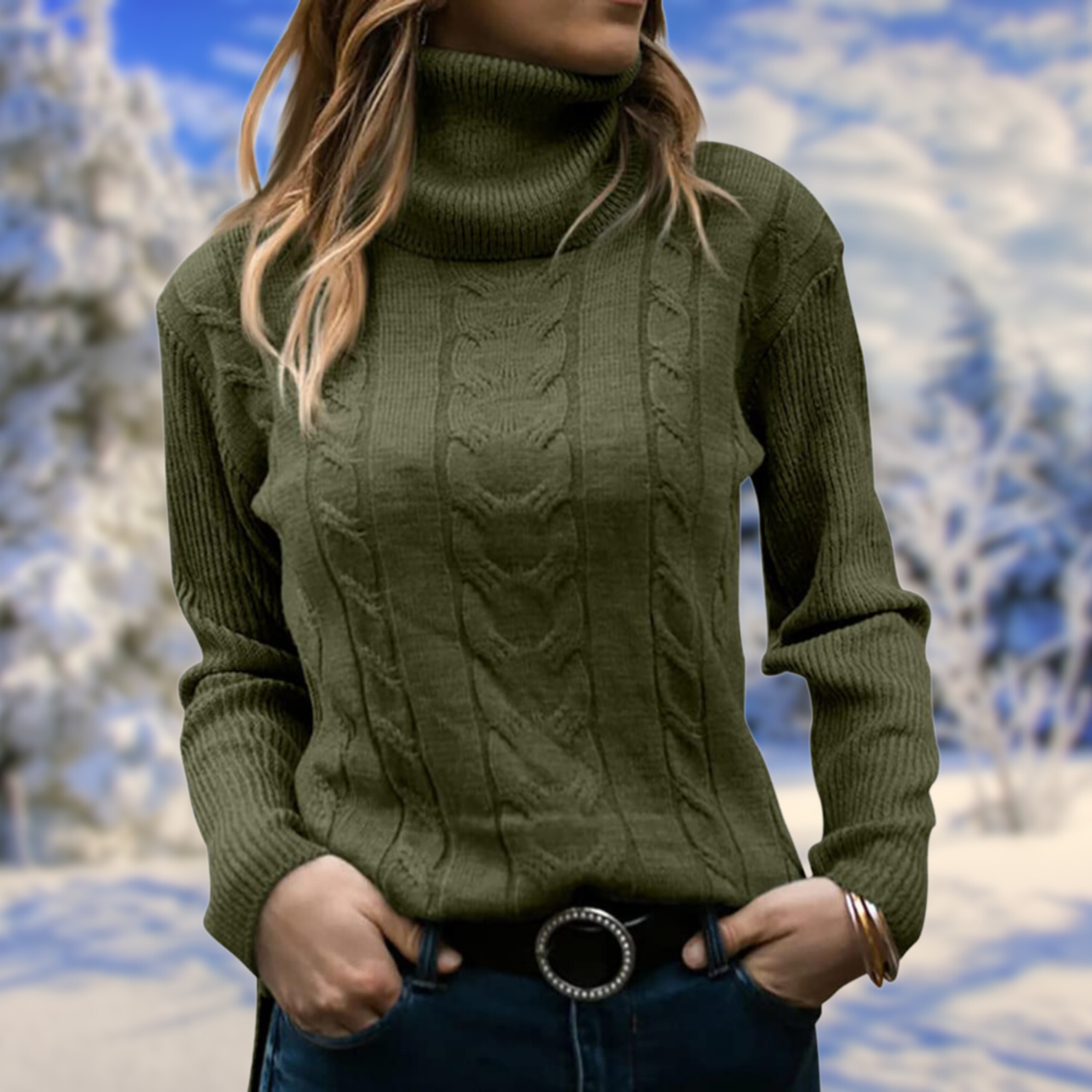 Women’s fitted army green turtleneck sweater, long sleeves, cable-knit texture