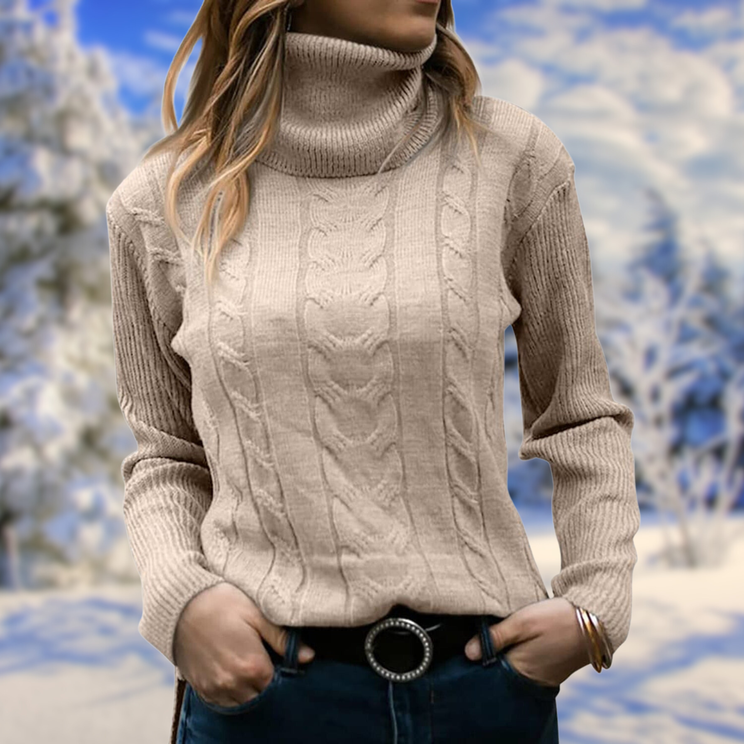 Women’s fitted beige turtleneck sweater, long sleeves, cable-knit texture