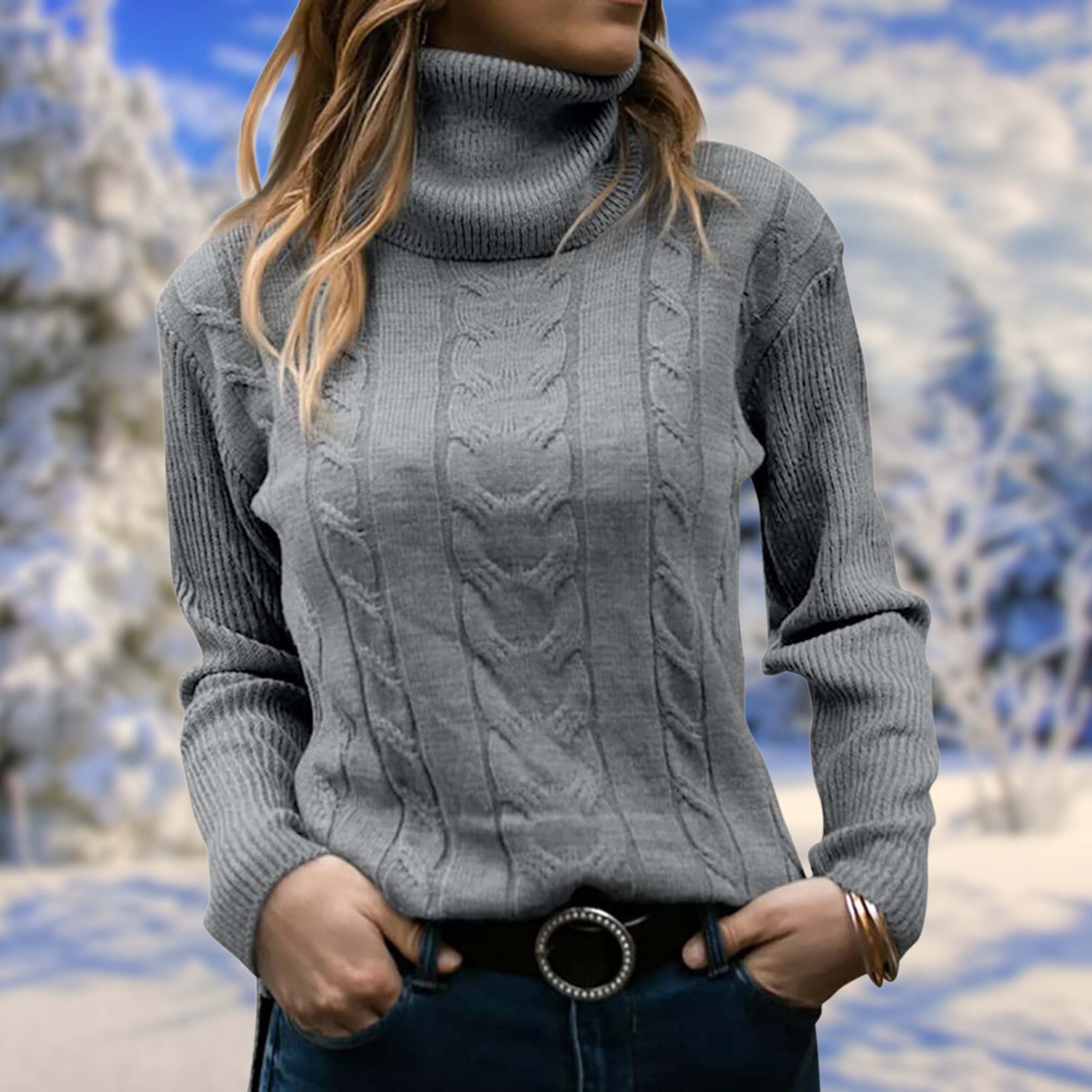 Women’s fitted grey turtleneck sweater, long sleeves, cable-knit texture