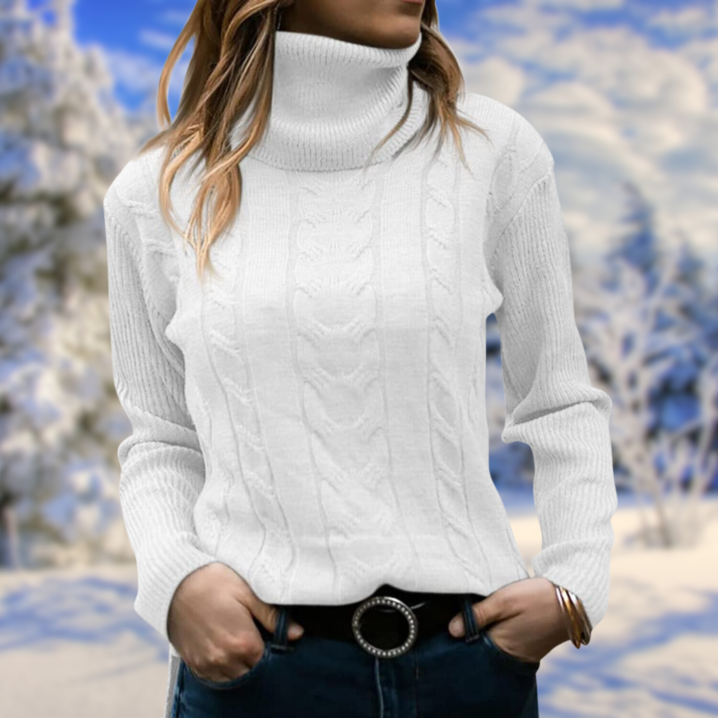 Women’s fitted white turtleneck sweater, long sleeves, cable-knit texture