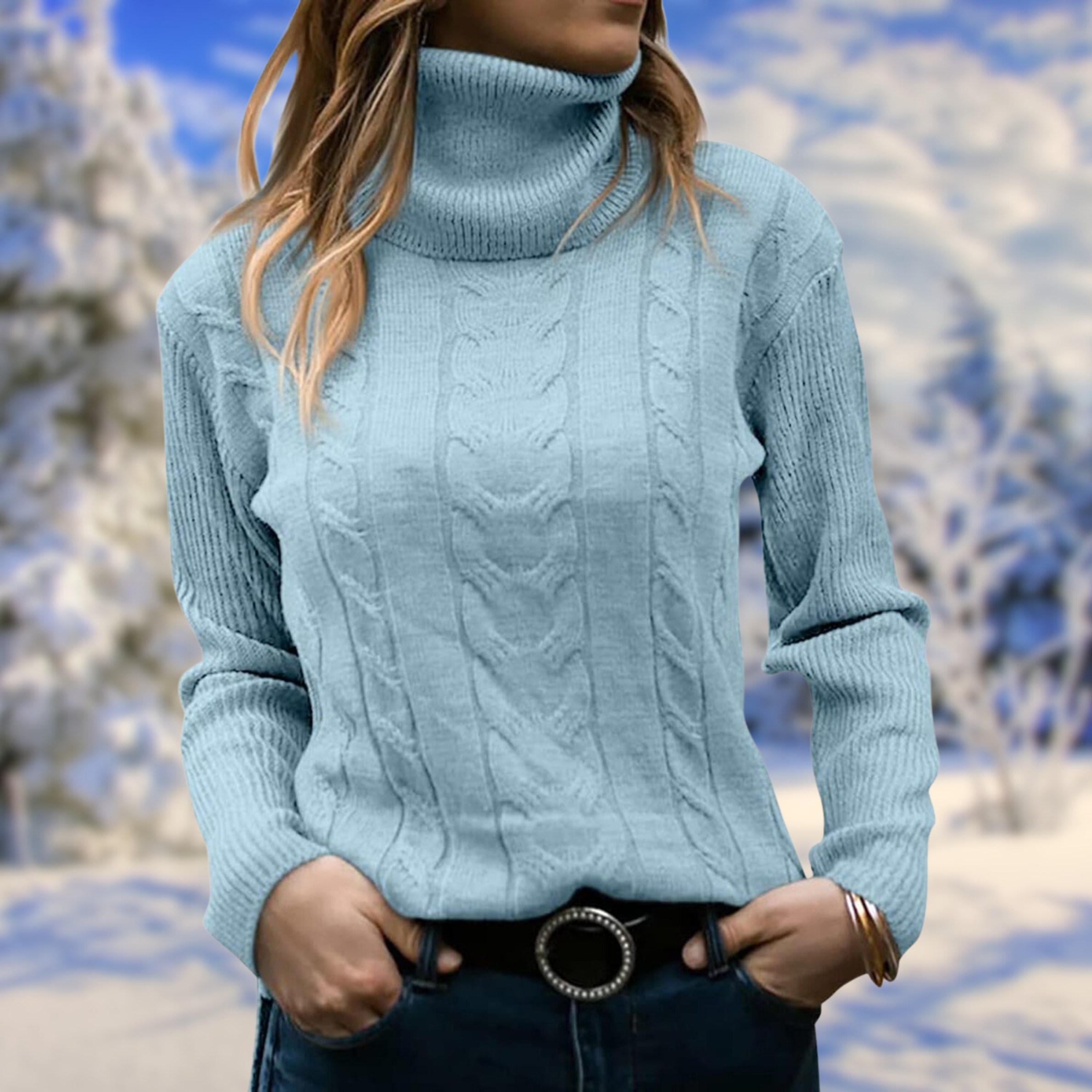 Women’s fitted light blue turtleneck sweater, long sleeves, cable-knit texture