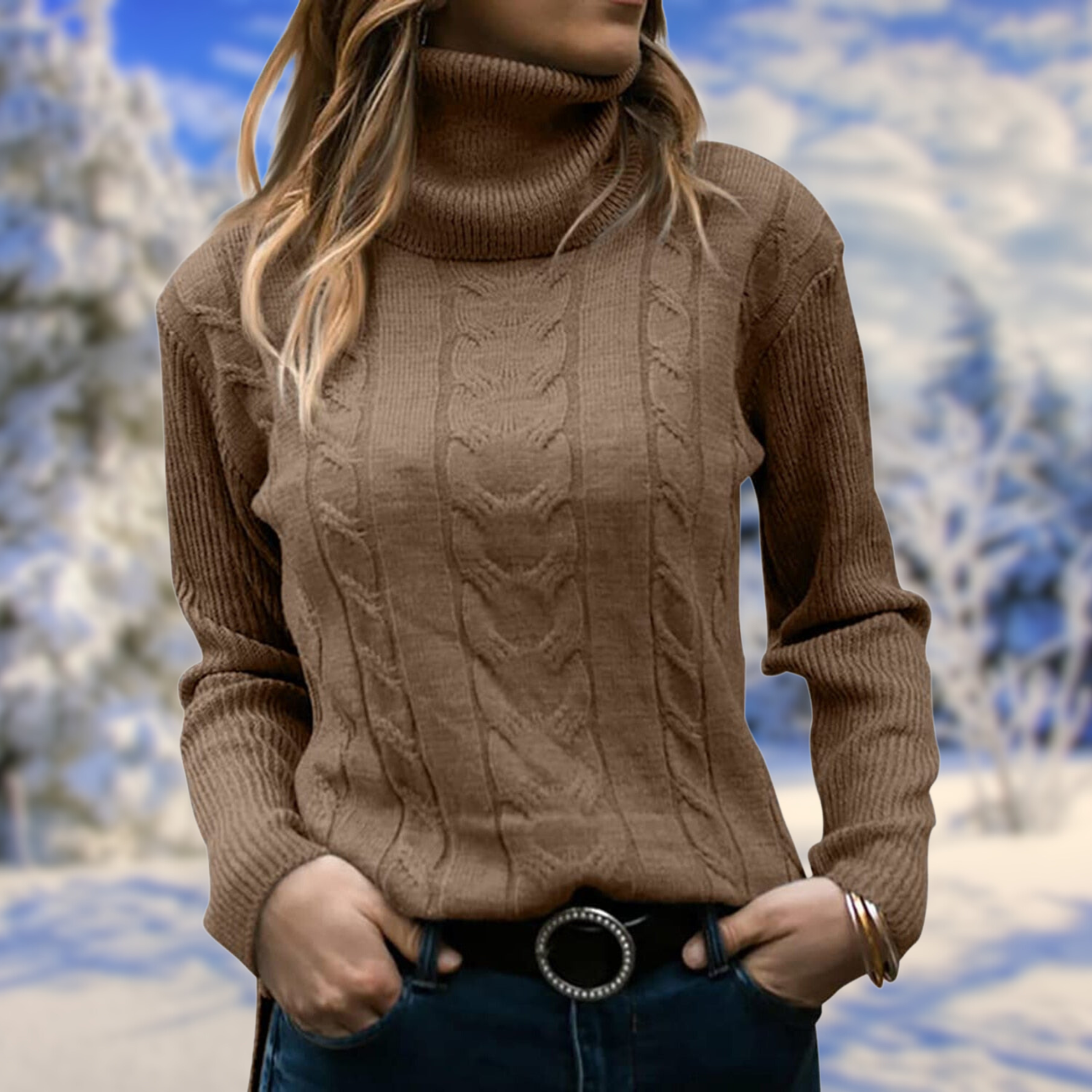 Women’s fitted brown turtleneck sweater, long sleeves, cable-knit texture