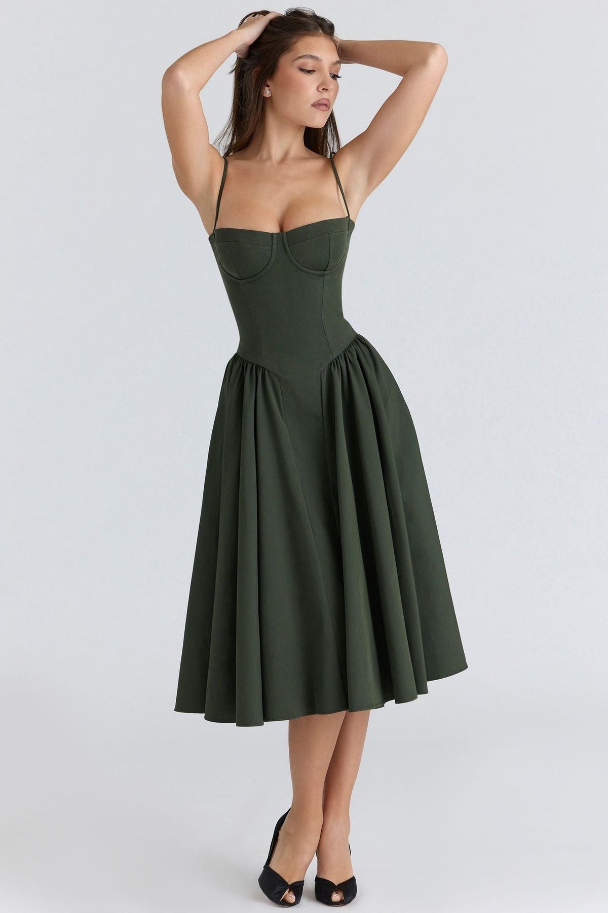 Dark green A-line dress with sweetheart bodice, spaghetti straps, pleated skirt