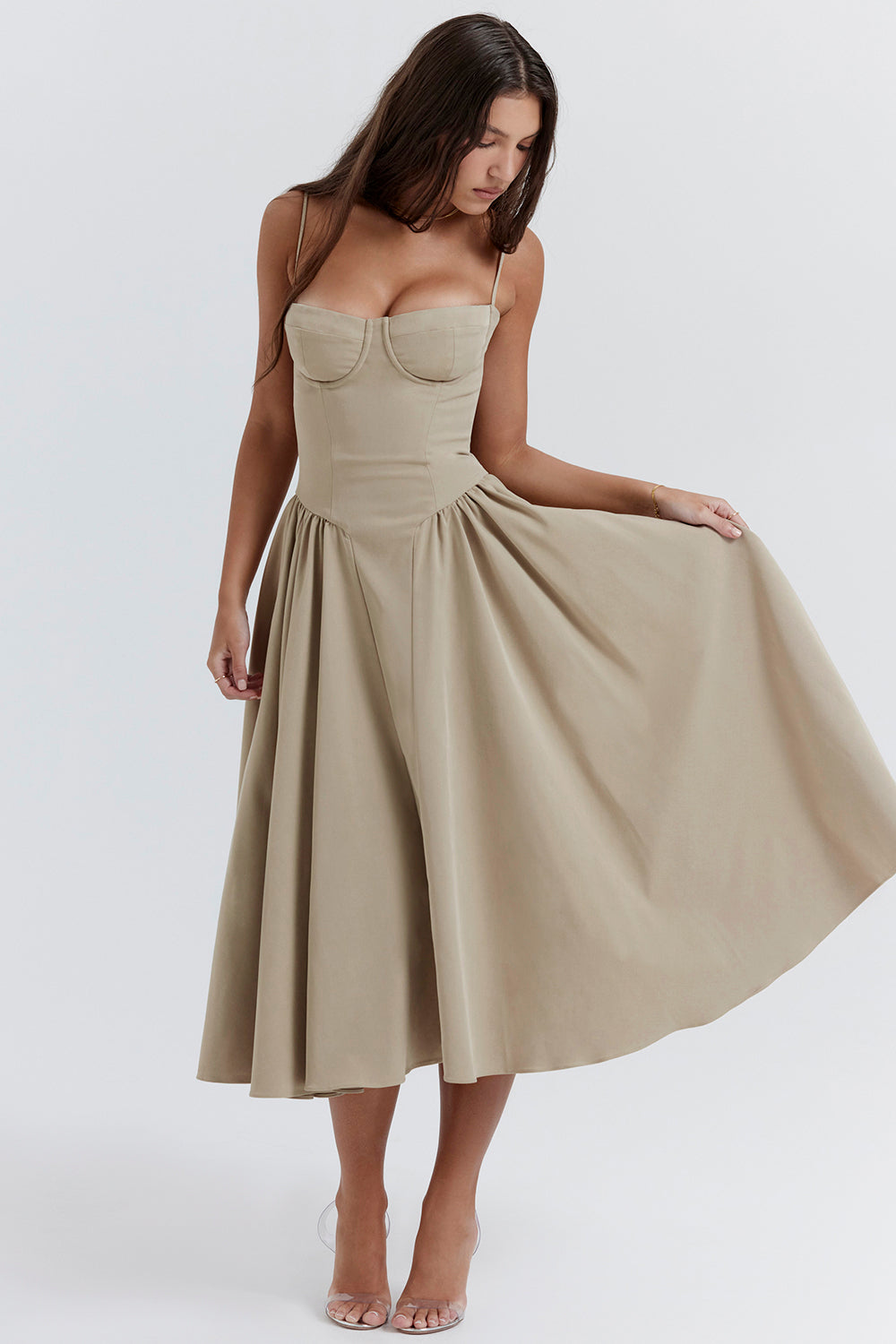 Cream A-line midi dress with spaghetti straps, sweetheart neckline, full flared skirt