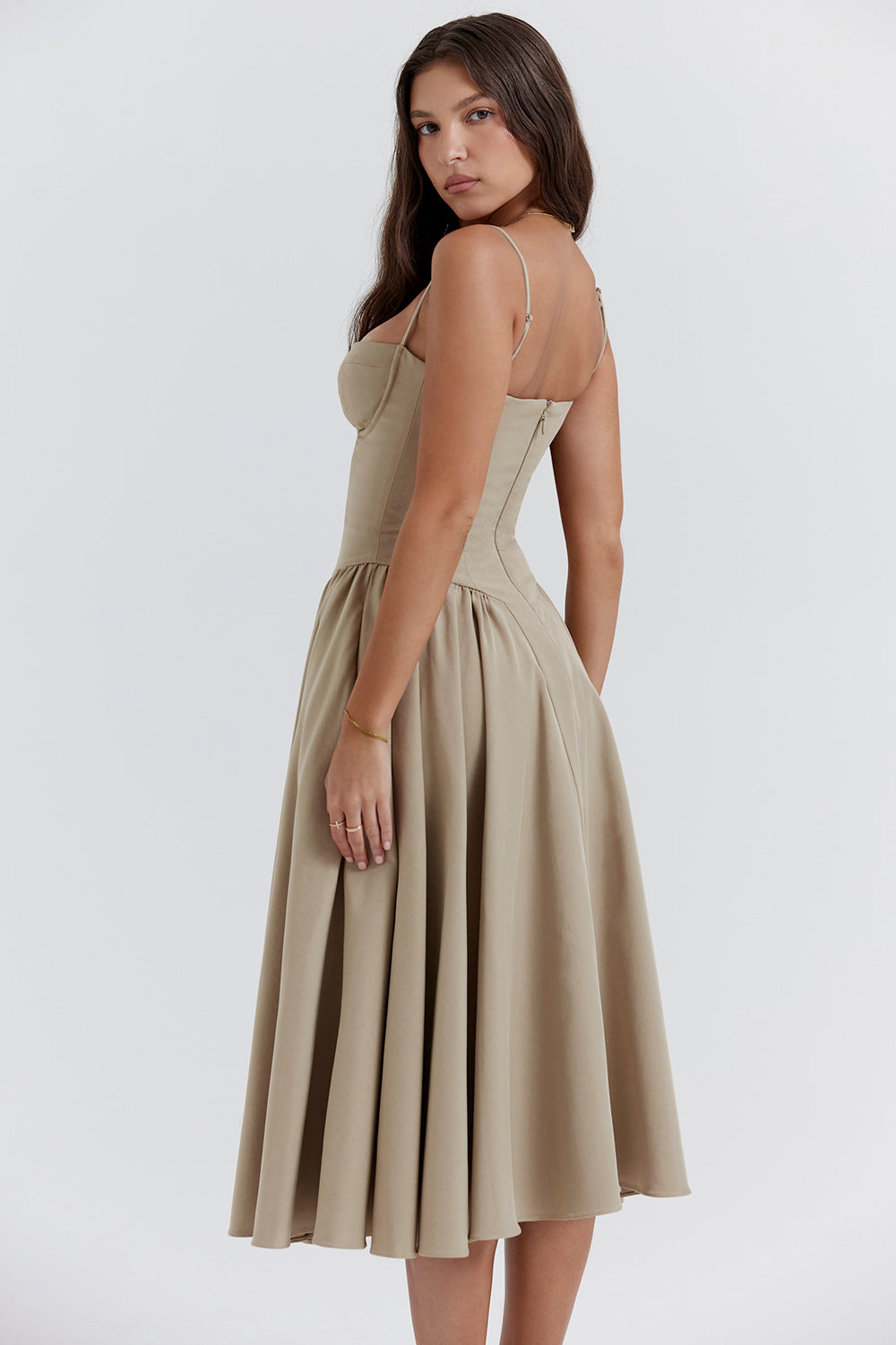 Light taupe A-line midi dress with spaghetti straps and gathered pleated skirt