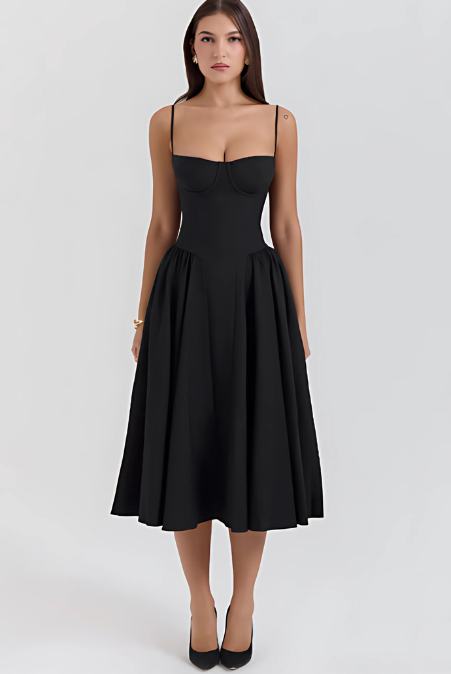 Black A-line midi dress with spaghetti straps, sweetheart neckline, pleated full skirt