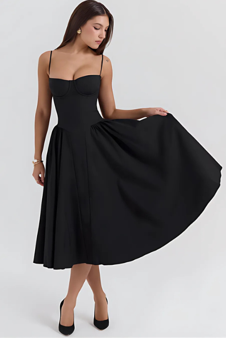 Black A-line midi dress with spaghetti straps and sweetheart neckline, flared pleated skirt